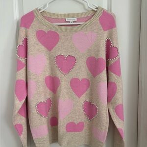 Crown & Ivy Pink Heart Crew Neck Sweater